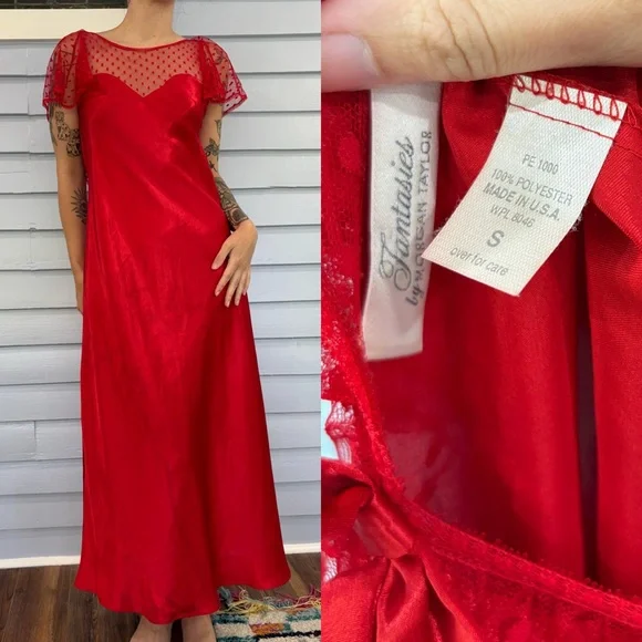Vintage 80s Red Bias Cut Sheer Swiss Dot Flutter Sleeve Back Bow Nightgown - Picture 5 of 7